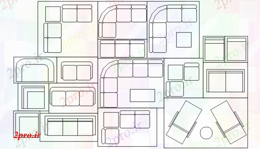 دانلود نقشه بلوک مبلمان  مبل مجموعه بالا جزئیات مدل دو بعدی  (کد102734)