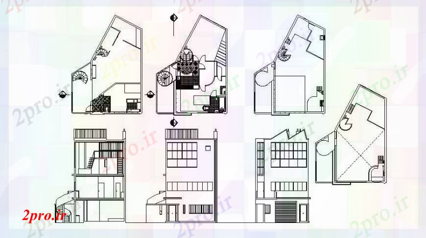 دانلود نقشه مسکونی ، ویلایی ، آپارتمان نماات خانه دوبلکس و کف طرحی های 91 در 105 متر (کد102971)