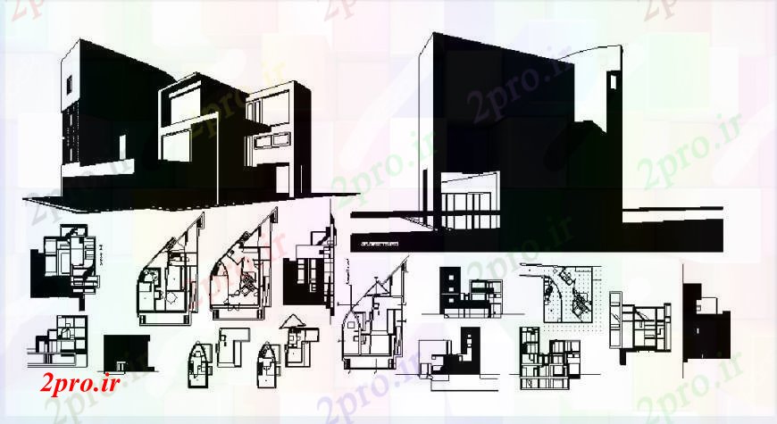 دانلود نقشه مسکونی ، ویلایی ، آپارتمان ویلا مسکونی ایزومتریک نما، بخش و کف طرحی های 74 در 114 متر (کد102996)