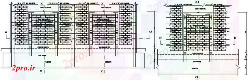 دانلود نقشه  جزئیات دیوار های آجری  د طراحی دلبستگی دیوار آجری      (کد103040)
