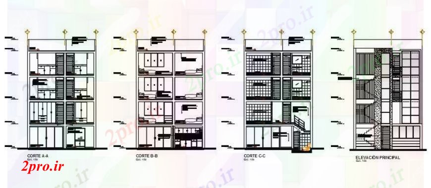 دانلود نقشه مسکونی  ، ویلایی ، آپارتمان  نما  و جزئیات مقطعی آپارتمان   دو بعدی     (کد103298)