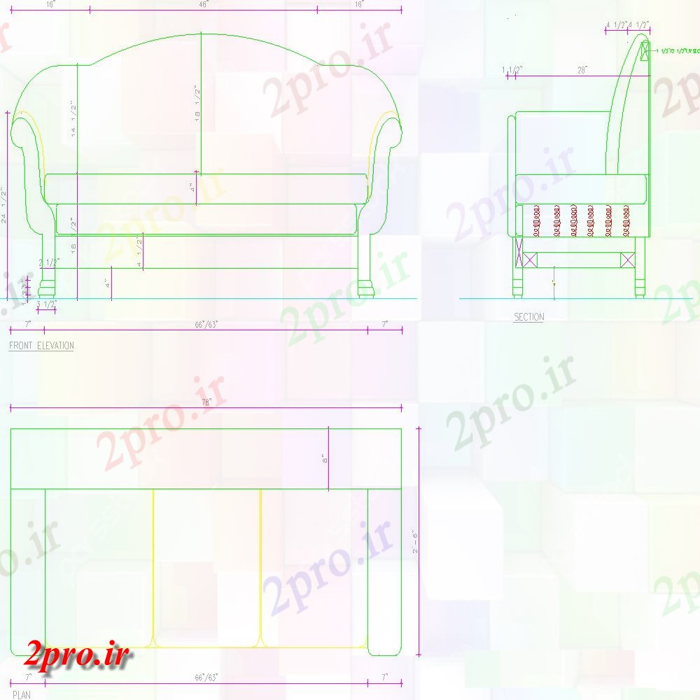 دانلود نقشه بلوک مبلمان جزئیات  طراحی های جلو و نمای بالای مبل سه نفره با ابعاد با سه (کد103353)