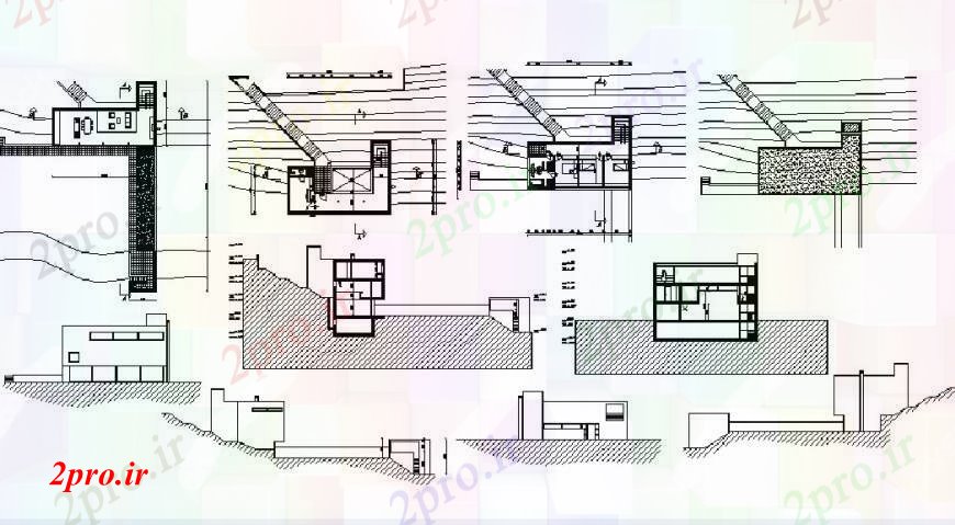 دانلود نقشه مسکونی  ، ویلایی ، آپارتمان  خانه دو سطح تمام نما طرفه، بخش سازنده و طرحی طبقه جزئیات (کد103493)