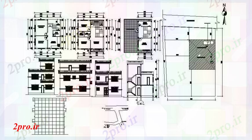 دانلود نقشه مسکونی ، ویلایی ، آپارتمان سه دان یک خانواده خانه نما، بخش و طرحی طبقه جزئیات 26 در 33 متر (کد103513)