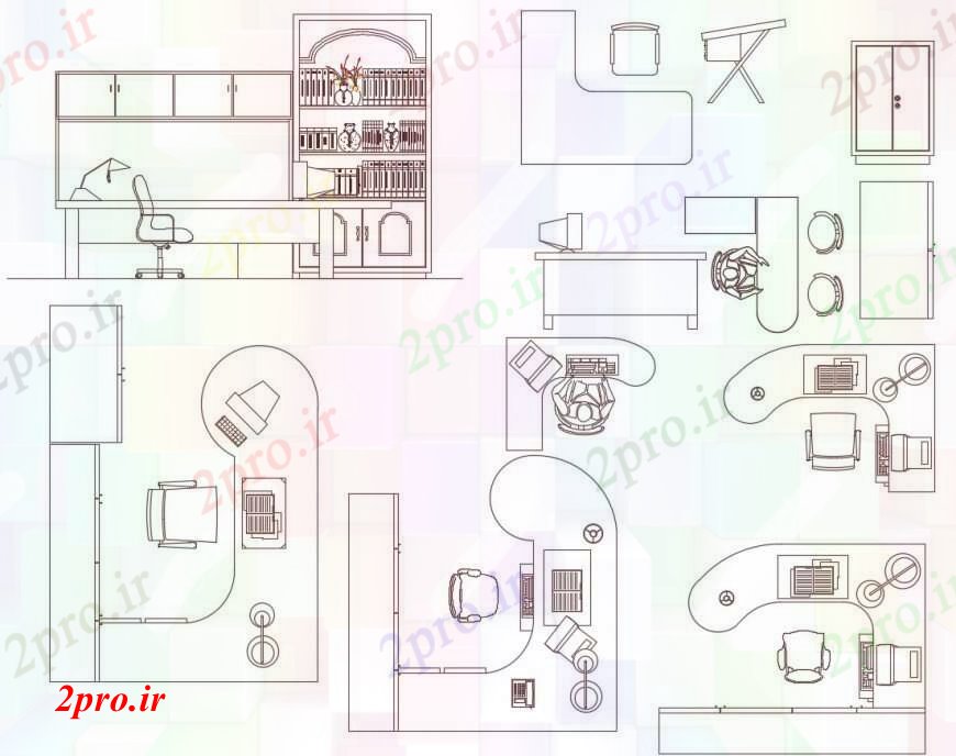 دانلود نقشه بلوک مبلمان د طراحی  منطقه ایستگاه های کاری با کابینه قفسه کتاب     (کد103637)