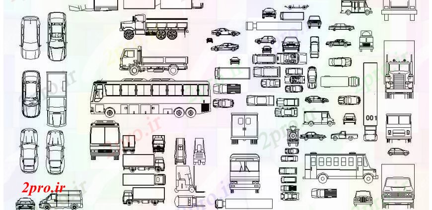 دانلود نقشه بلوک وسایل نقلیه چند بلوک های کوچک و بزرگ نما خودرو طراحی جزئیات  (کد103649)