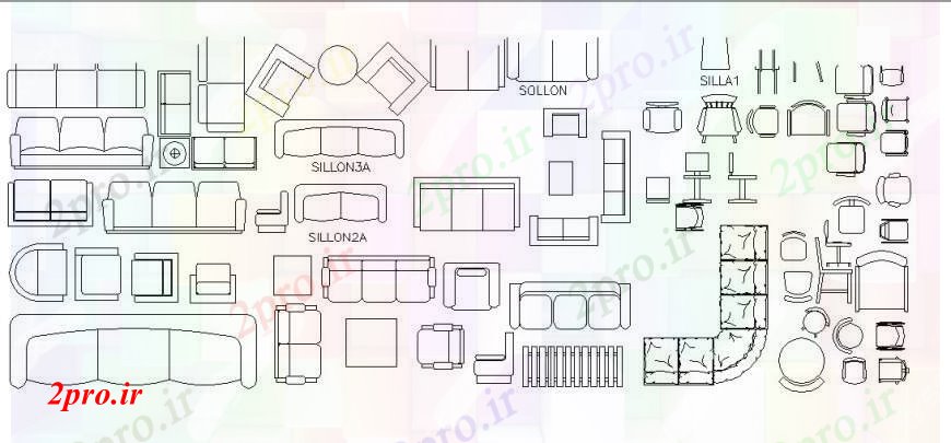 دانلود نقشه بلوک مبلمان مجموعه مبل متعدد و بلوک های نما صندلی  (کد103658)