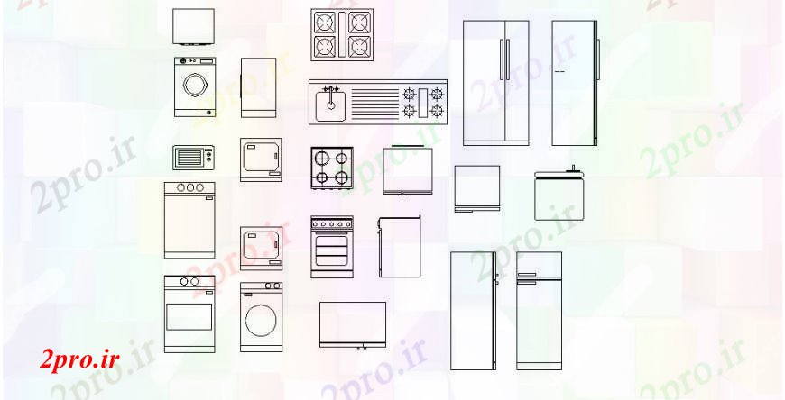 دانلود نقشه بلوک ، آرام ، نماد آشپزخانه و لوازم خانگی بلوک های متعدد طراحی جزئیات  (کد103665)