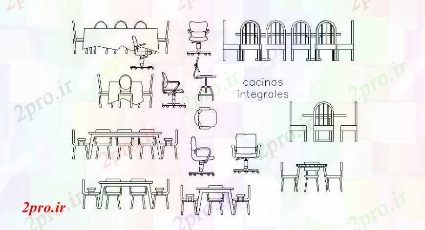 دانلود نقشه میز و صندلی صندلی و نما جدول بلوک های متعدد  (کد103671)