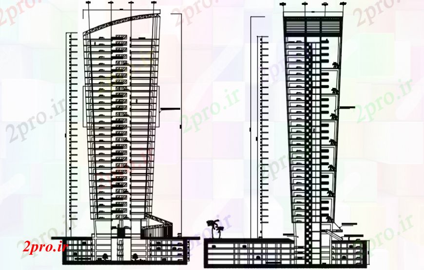 دانلود نقشه ساختمان مرتفعدفتر بلند ساخت برج نما اصلی و بخش 60 در 76 متر (کد103760)