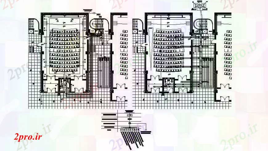 دانلود نقشه تئاتر چند منظوره - سینما - سالن کنفرانس - سالن همایشجزئیات دو بعدی طراحی از طرحی طبقه ساختمان سالن اتوکد 52 در 56 متر (کد103852)