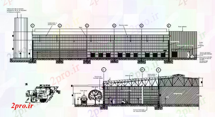 دانلود نقشه کارخانه صنعتی  ، کارگاه طرحی  دو بعدی  و جزئیات مقطعی انبار صنعتی   (کد103861)