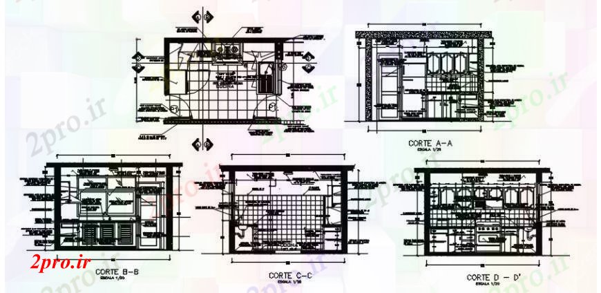 دانلود نقشه طراحی مبلمان آشپزخانه طراحی  دو بعدی  از بخش آشپزخانه   خودرو (کد103886)