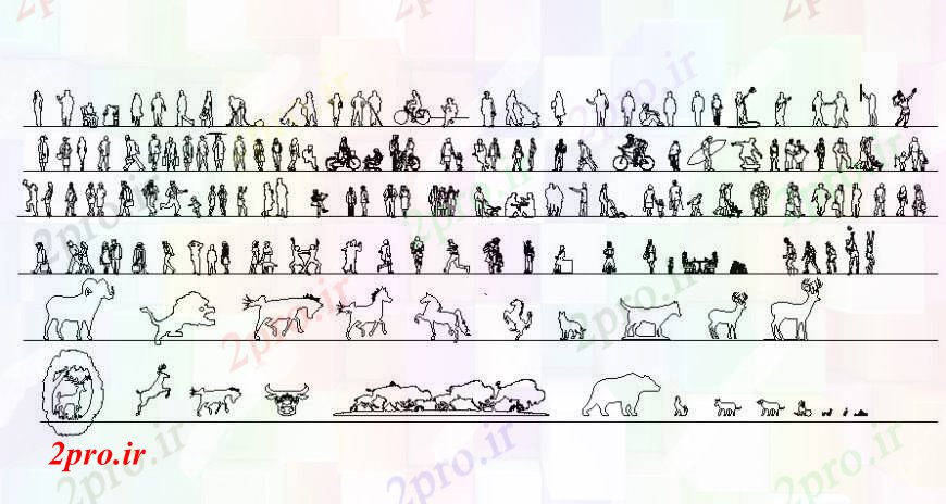 دانلود نقشه بلوک افراد افراد مختلف و بلوک های حیوانات طراحی  (کد103998)