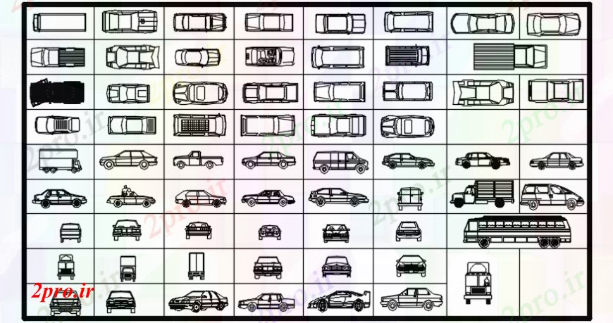 دانلود نقشه بلوک وسایل نقلیه اتومبیل دو بعدی  متعدد و بلوک های خودرو  (کد104041)