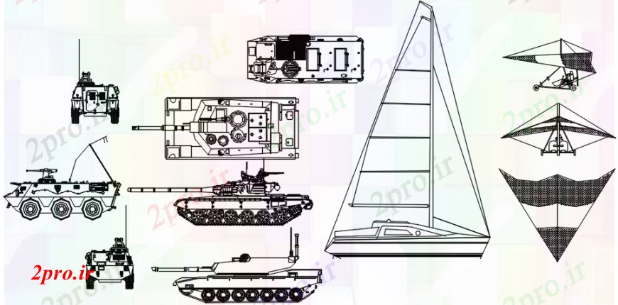 دانلود نقشه بلوک های حمل و نقل ارتش و نیروی دریایی خودرو بلوک های متعدد  (کد104071)