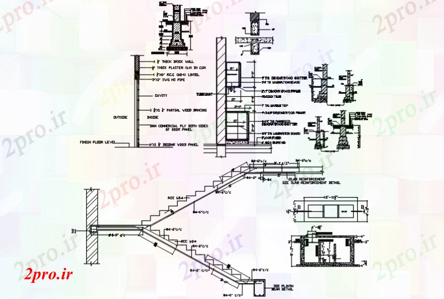 دانلود نقشه جزئیات پله و راه پله   بخش راه پله با دیوار حمایتی و ساخت و ساز جزئیات (کد104103)