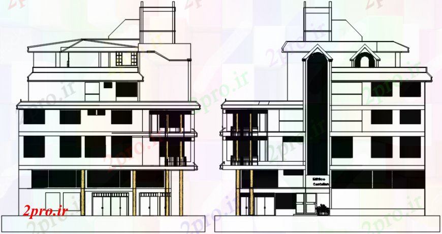 دانلود نقشه مسکونی  ، ویلایی ، آپارتمان  اصلی و جزئیات نما پشت آپارتمان   چند آشنا ساخت (کد104105)