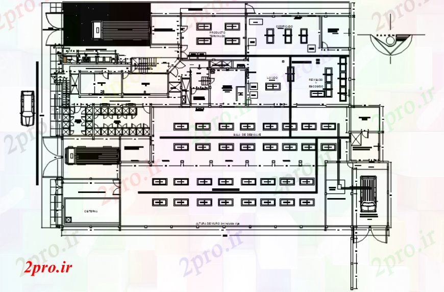 دانلود نقشه کارخانه صنعتی ، کارگاه ماهی کارخانه فرآوری توزیع طرحی های 29 در 43 متر (کد104115)