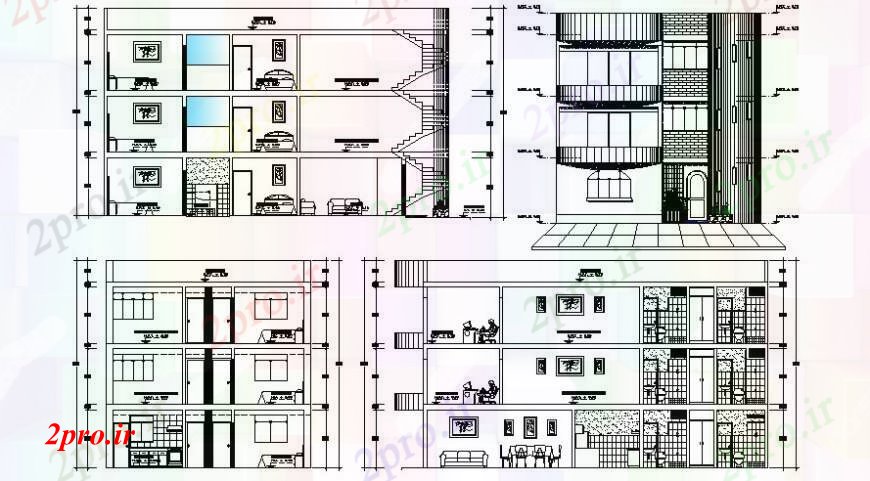 دانلود نقشه مسکونی  ، ویلایی ، آپارتمان  نما  دو بعدی  و جزئیات مقطعی از خانه  (کد104169)