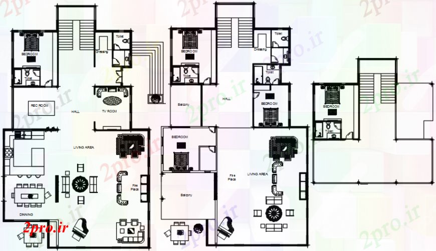 دانلود نقشه مسکونی  ، ویلایی ، آپارتمان  تجملات سه طبقه طرحی طبقه ویلا با مبلمان  (کد104249)