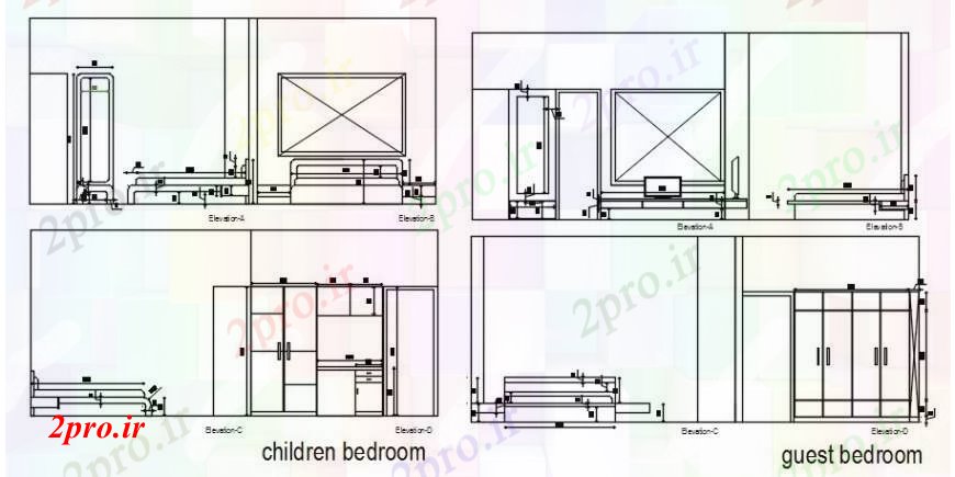 دانلود نقشه حمام مستر اتاق خواب و اتاق خواب میهمان بخش کودکان طراحی جزئیات  (کد104256)