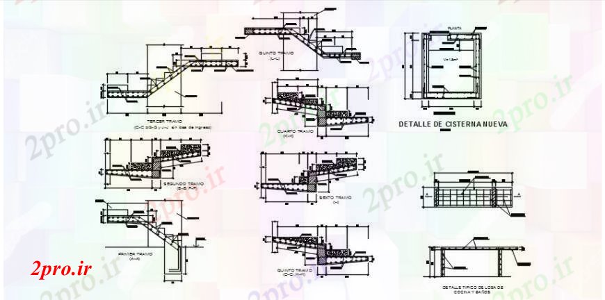 دانلود نقشه جزئیات پله و راه پله سه طبقه خانه راه پله بخش ها و ساختار سازنده طراحی جزئیات 10 در 16 متر (کد104303)