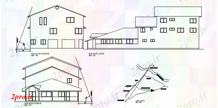 دانلود نقشه مسکونی  ، ویلایی ، آپارتمان  سه طرفه نما جزئیات طراحی از یک خانواده خانه (کد104309)