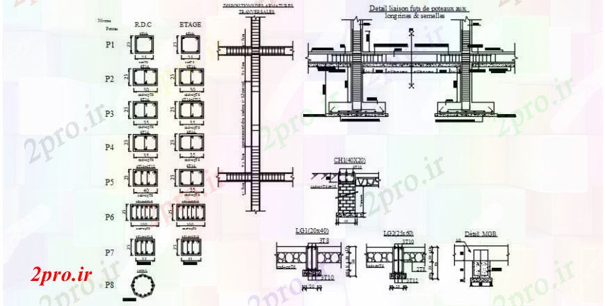 دانلود نقشه جزئیات ستون هتل بخش ستون، تقویت و ساخت و ساز طراحی جزئیات  (کد104329)