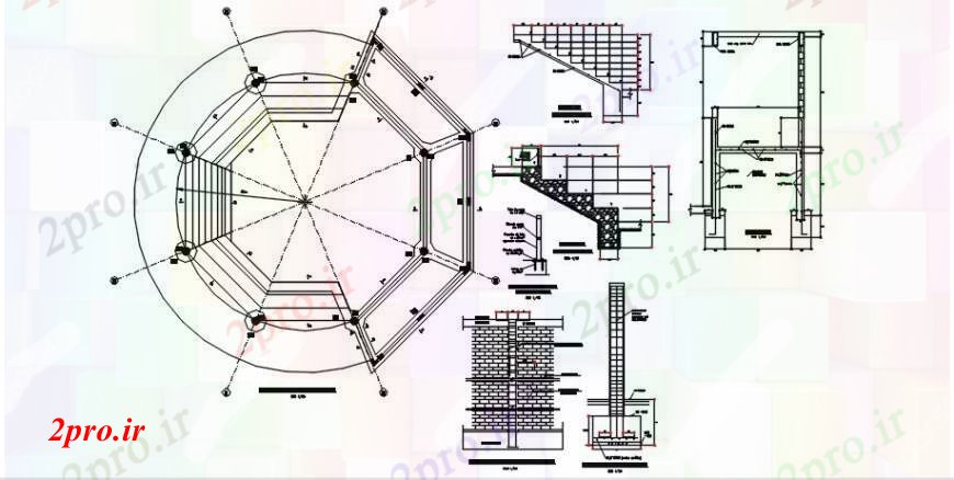 دانلود نقشه جزئیات پله و راه پله   راه پله از تئاتر با دیوار آجری  ساختار سازنده جزئیات (کد104371)