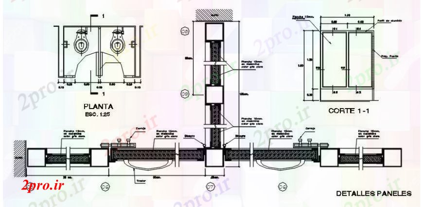 دانلود نقشه حمام مستر طرحی توالت، بخش پانل و ساختار لوله کشی طراحی جزئیات (کد104380)