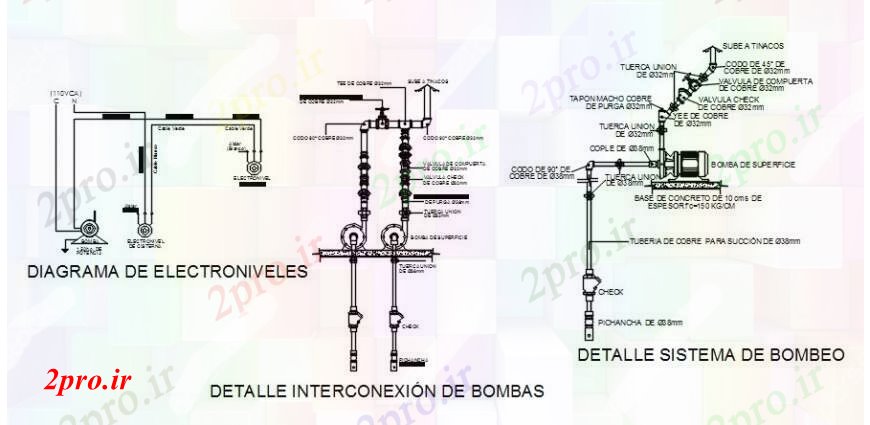 دانلود نقشه جزئیات لوله کشی سیستم آب هیدرولیک، بخش و لوله کشی خط لوله جزئیات برای باران مخزن آب (کد104407)