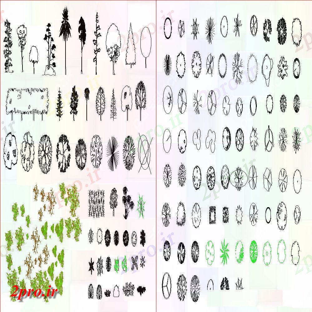 دانلود نقشه درختان و گیاهان  طراحی جزئیات محوطه سازی بلوک دو بعدی   (کد104495)