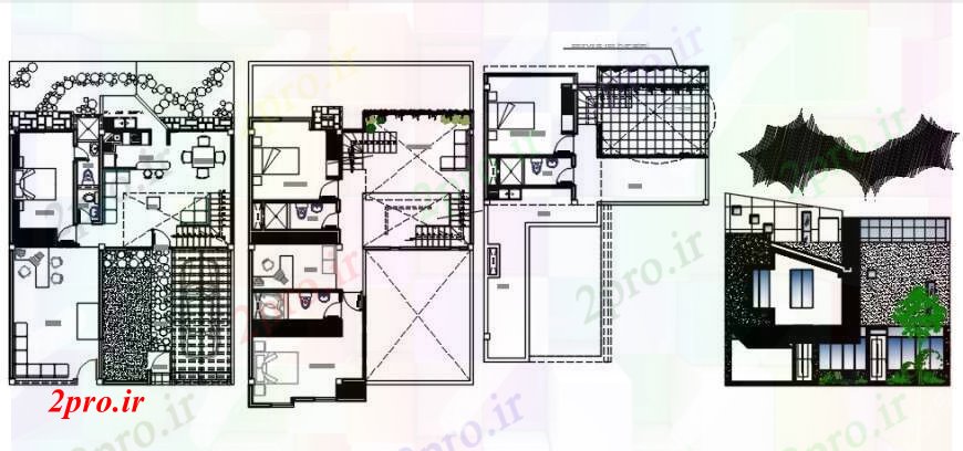 دانلود نقشه مسکونی  ، ویلایی ، آپارتمان  خانه مسکونی نما و طرحی طبقه جزئیات اصلی با مبلمان جزئیات طراحی  (کد104523)