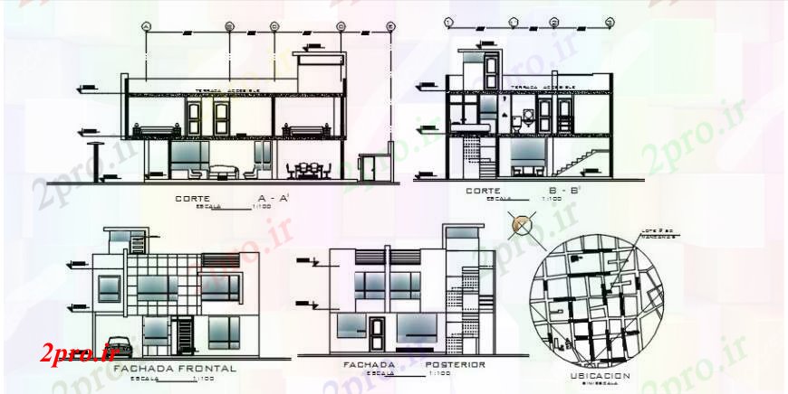 دانلود نقشه مسکونی  ، ویلایی ، آپارتمان  جلو و عقب نما و بخش جزئیات خانه مسکونی (کد104551)