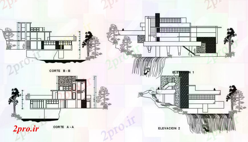 دانلود نقشه معماری معروف آب در حال سقوط خانه طراحی 19 در 30 متر (کد104614)