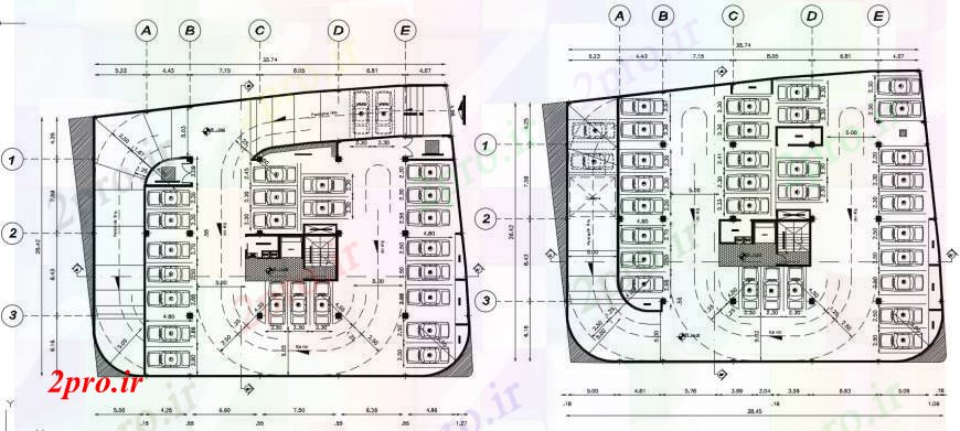 دانلود نقشه ساختمان مرتفعدو جزئیات طراحی زیرزمین توزیع کف بلند ساخت 17 در 27 متر (کد104623)
