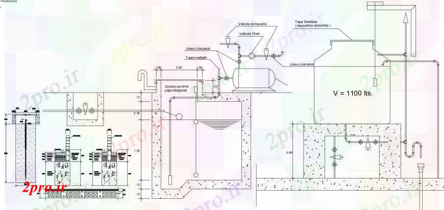 دانلود نقشه جزئیات لوله کشی مخزن آب از بخش خانه، مبنایی و ساختار لوله کشی جزئیات (کد104661)