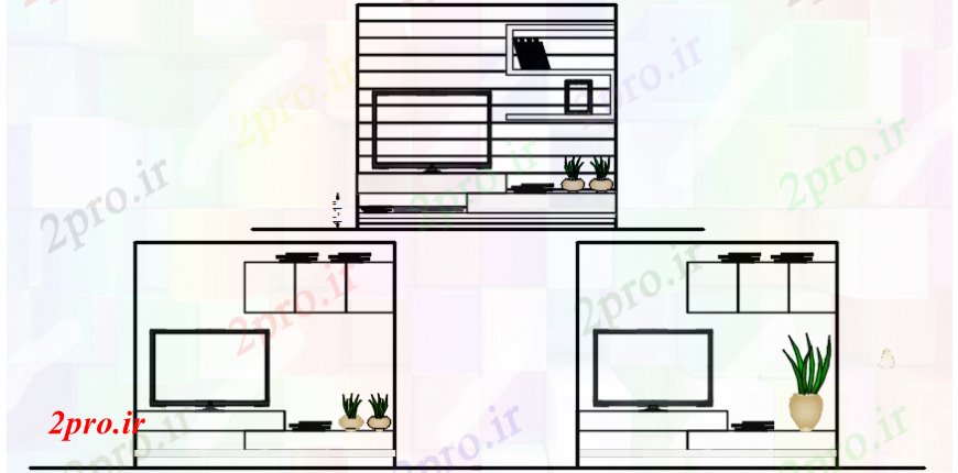 دانلود نقشه بلوک مبلمان واحد تلویزیون دو بعدی  مقابل مدل ارتقاء  طراحی (کد104666)