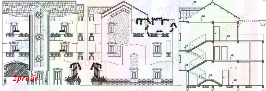 دانلود نقشه مسکونی  ، ویلایی ، آپارتمان  اصلی نما و بخش سمت جزئیات از تجملات ویلا  (کد104724)