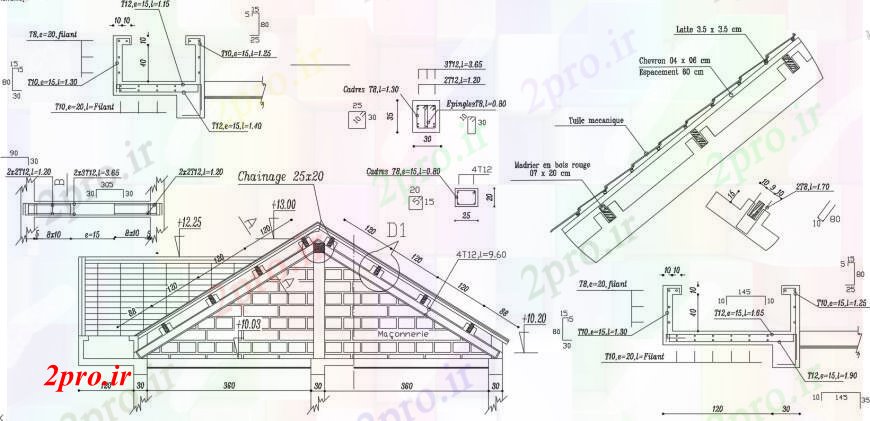 دانلود نقشه طراحی جزئیات ساختار ویلا بخش جلویی سقف، دال سقف و ساختار سازنده جزئیات (کد104728)