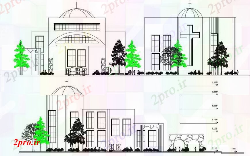 دانلود نقشه کلیسا - معبد - مکان مذهبی منطقه کلیسای اصلی، به عقب و به طرف طراحی جزئیات  (کد104762)