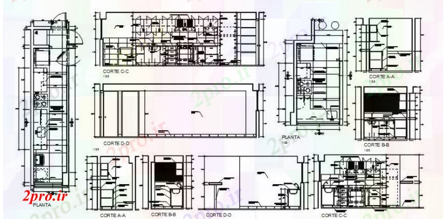 دانلود نقشه جزئیات طراحی ساخت آشپزخانه طرحی دو بعدی  و مقطعی جزئیات آشپزخانه (کد104783)