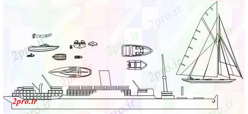 دانلود نقشه بلوک وسایل نقلیه جزئیات  طراحی های نمای جانبی طولانی از کشتی و قایق بادبانی (کد104950)