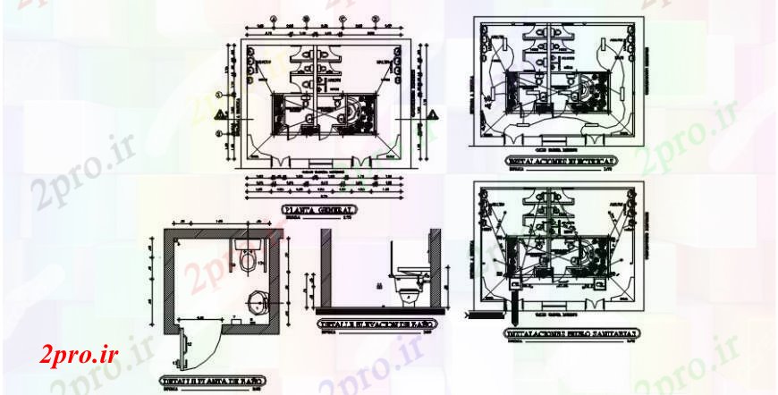 دانلود نقشه بلوک های بهداشتی نما دو بعدی و جزئیات مقطعی از توالت بهداشتی 8 در 10 متر (کد104967)