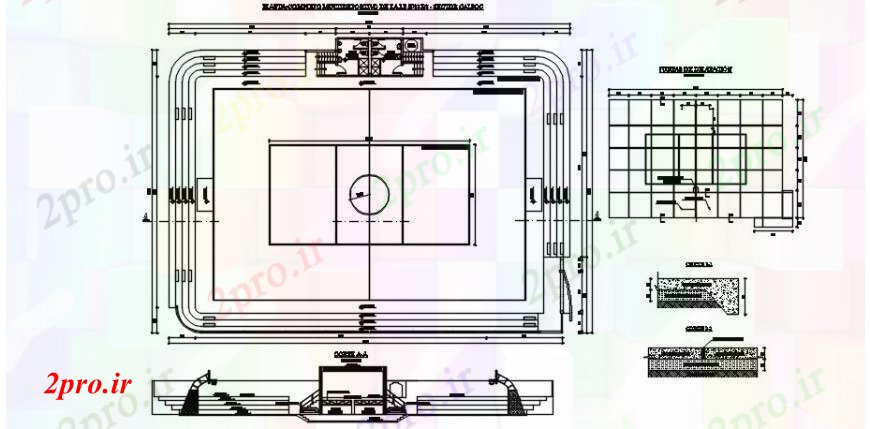 دانلود نقشه ورزشگاه ، سالن ورزش ، باشگاه بخش و طرحی جزئیات ورزشی زمین بازی اتوکد 24 در 36 متر (کد104977)