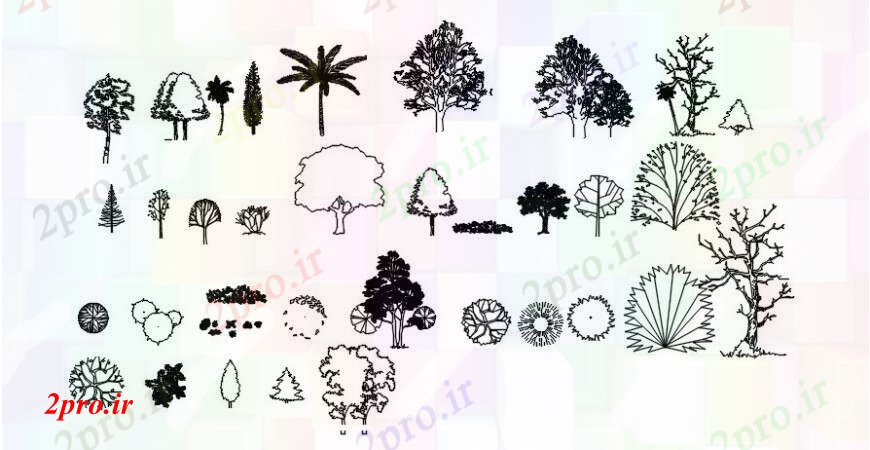 دانلود نقشه درختان و گیاهان درخت و طرحی بلوک های مشترک دو بعدی  طراحی جزئیات  (کد105018)