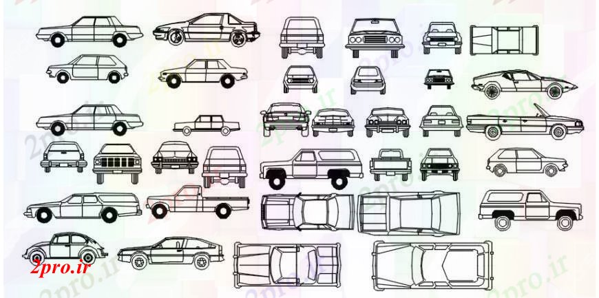 دانلود نقشه بلوک وسایل نقلیه اتومبیل های خانواده های متعدد و اتومبیل متقلب بلوک نما طراحی جزئیات  (کد105022)