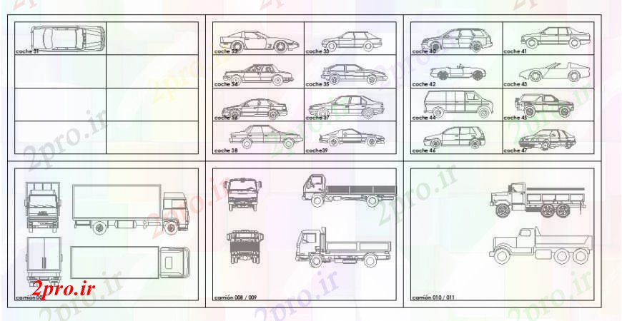 دانلود نقشه بلوک وسایل نقلیه اتومبیل های متعدد و بلوک های کامیون نما دو بعدی  خودکار  (کد105160)