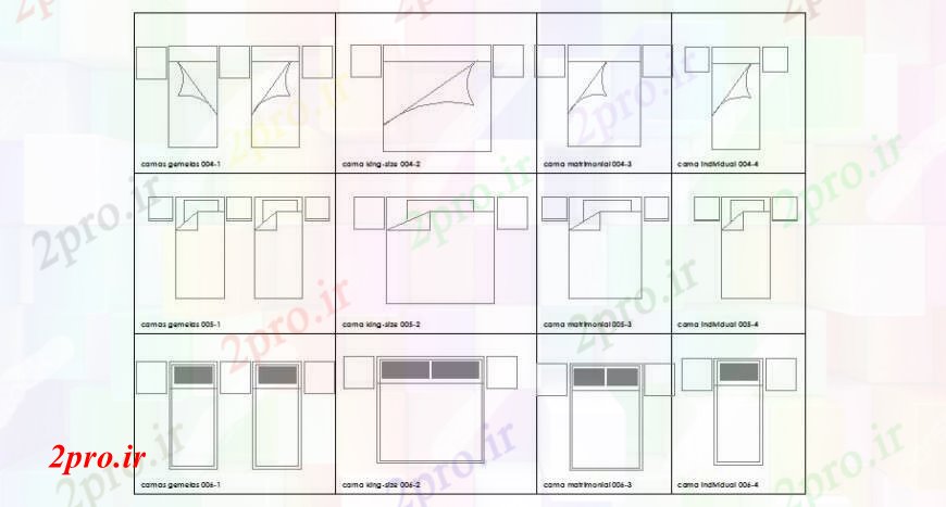 دانلود نقشه بلوک مبلمان مشترک تخت بالای صفحه  بلوک نما یک و دو طراحی جزئیات (کد105229)